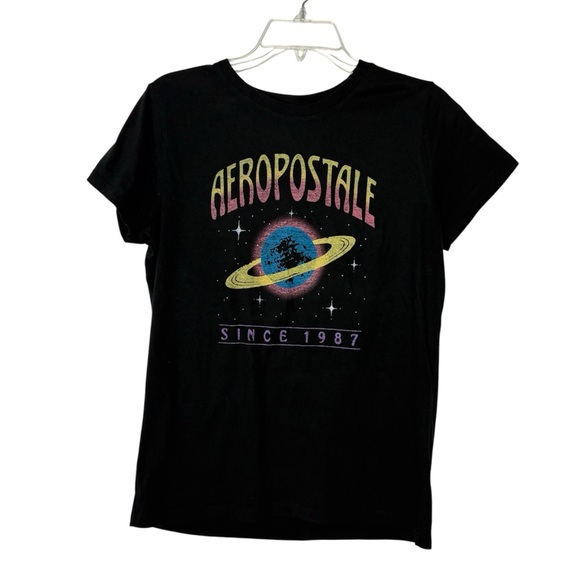 Aeropostale Junior’s Size Extra Large XL Classic Crew Black Graphic Tee Planet - Picture 1 of 4
